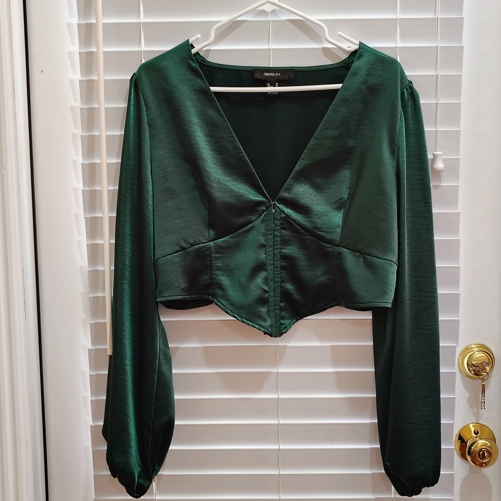 Satin Long Sleeve Corset Crop Plus Size Top Womens 0X Green Blouse Regencycore